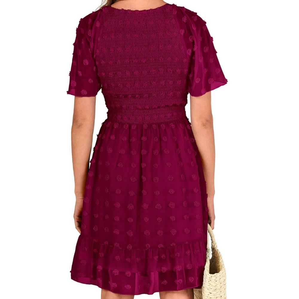 Red Swiss Dot Burgundy Sundress w/ Flutter Sleeves and V-Neck for Wedding Guest - Picture 7 of 8